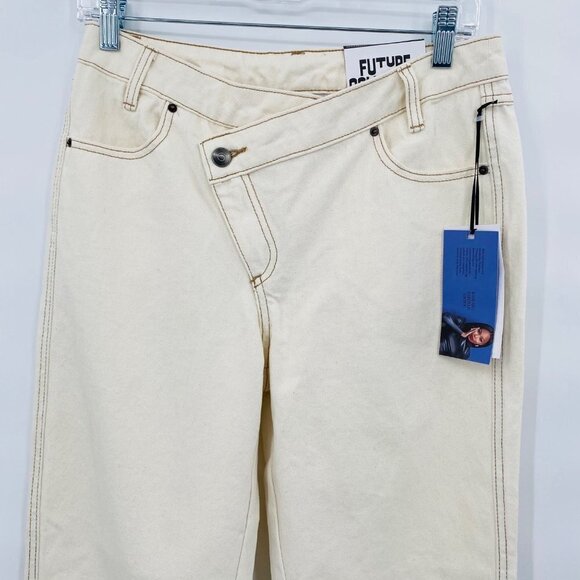 Future Collective Kahlana Brown High Rise Overlap Waist Straight Leg Jeans 0 - Picture 4 of 8